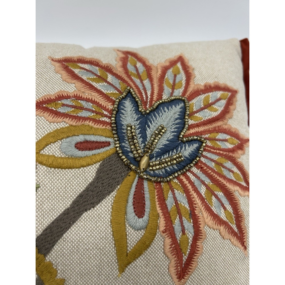 Pier 1 Imports Jacobean Floral Lumbar Pillow Beaded Embroidered Boho Velvet Trim - Picture 2 of 8